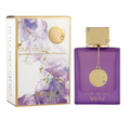 Naleka Club de Nuit Eau de Parfum bottle in purple glass with a gold cap, shown next to its illustrated box featuring purple marble and gold accents.