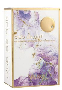 Club de Nuit Eau de Parfum packaging box by Accra, featuring a purple and white marble pattern with gold foil details and a gold circular emblem on the front.