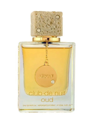 Armaf Club de Nuit Oud Eau de Parfum bottle with a textured stone-like cap, golden liquid, and gold lettering on a white background.