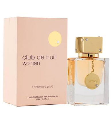 Versace Club de Nuit Woman perfume bottle with a gold cap next to its light pink packaging box on a white background.