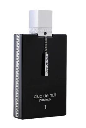Club de Nuit Precieux I cologne bottle in black with a silver cap and silver Greek key pattern on the side, shown on a white background.