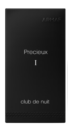 A black rectangular perfume bottle with white text reading 'ARMAF', 'Precieux I', and 'club de nuit' on a plain white background.