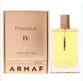 Armaf Club de Nuit Precieux IV perfume bottle and its metallic rose gold box packaging, shown side-by-side on a plain white background.