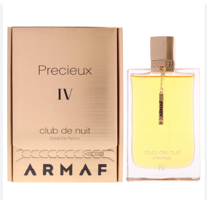 Armaf Club de Nuit Precieux IV perfume bottle and its metallic rose gold box packaging, shown side-by-side on a plain white background.