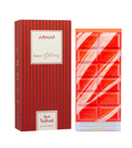 ARMAF Dubai Delicacy Red Velvet Eau de Parfum, showing the red striped outer box next to the clear-wrapped bar-shaped perfume container on a white background.