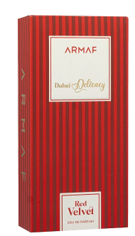Red striped perfume box for Armaf Dubai Delight in Red Velvet, with white label panels and gold lettering, shown on a plain white background.