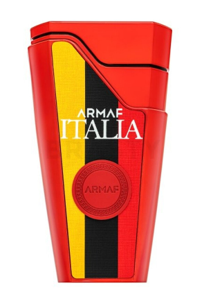 Armaf Italia cologne bottle in a bold red design featuring vertical stripes of yellow, black, and red, with 'ARMAF ITALIA' printed in white on the front.