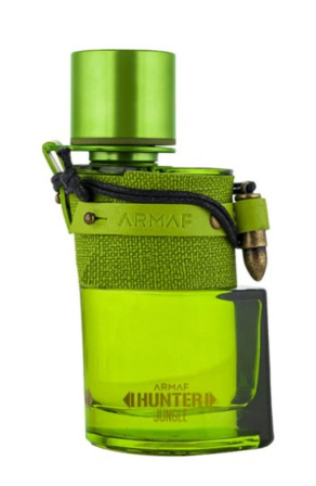 Armaf Hunter Jungle perfume bottle in vibrant lime green, featuring a textured fabric-wrapped body, a metallic cap, and a bullet-shaped accent on a white background.