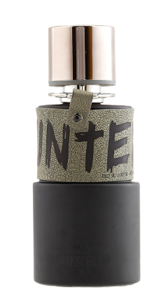 A perfume bottle with a matte black cylindrical base, a textured olive green middle band featuring the word 'INTE' in black, and a reflective metallic silver cap, shown against a plain white background.