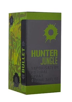 Hunter Jungle Vaporisateur Natural Spray 30ml box packaging, featuring a dark gray front panel with green text and a green splatter logo, and a green camouflage patterned side panel.