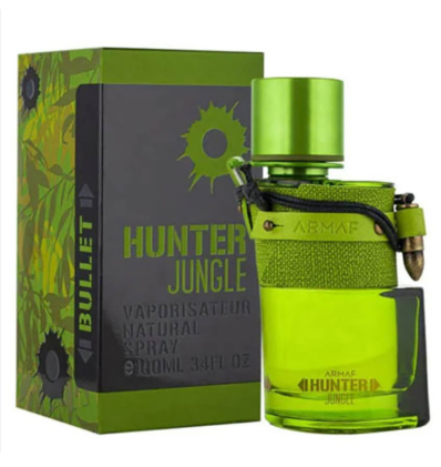 Armaf Hunter Jungle Eau de Toilette spray bottle in bright lime green next to its matching green and black retail box.