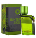 Armaf Hunter Jungle Eau de Toilette spray bottle in bright lime green next to its matching green and black retail box.