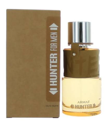 Armaf Hunter For Men Eau De Toilette bottle with amber liquid and a silver cap, shown next to its brown cardboard packaging box.