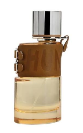 A bottle of HUN fragrance with a brown leather-like wrap around a clear glass bottle filled with pale amber liquid, topped with a shiny silver cap.