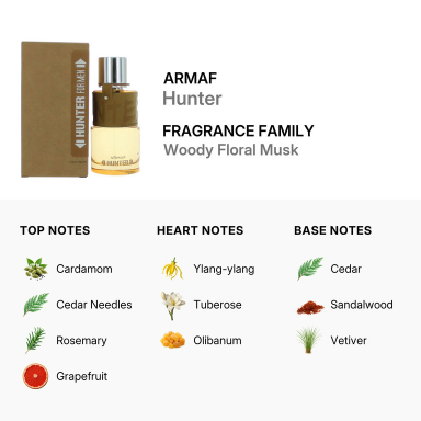 ARMAF Hunter Fragrance Family Woody Floral Musk perfume bottle and its brown cardboard box, with a notes chart detailing top, heart, and base notes.