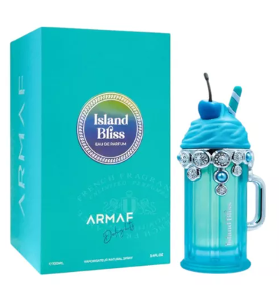 Armaf Island Bliss Eau de Parfum 3.4 fl oz bottle next to its turquoise packaging box.