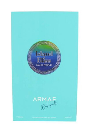 Armae Delights Island Bliss Eau de Parfum packaging box in a light turquoise color, featuring a circular holographic label in the center and the brand name Armae at the bottom.