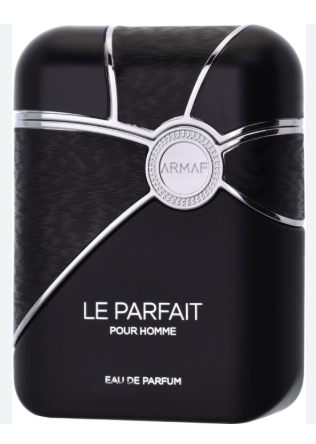Armaf Le Parfait Pour Homme Eau De Parfum bottle, featuring a black textured rectangular box with a silver bow design and a central silver circular emblem.