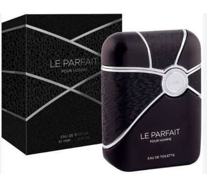 Le Parfait Pour Homme Eau de Toilette perfume bottle and its matching black packaging box, both featuring a textured black finish with silver diagonal accents and white lettering.