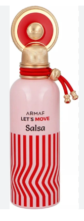 Armaf Lets Move Salsa perfume bottle, featuring a light pink body with red and white wavy stripes, a red and gold collar, and a gold cap with a red circular detail.