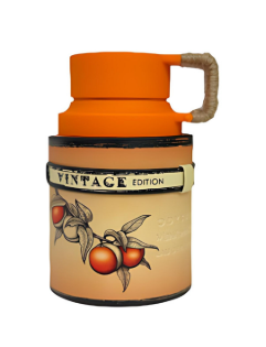 A vintage-style orange and beige insulated bottle or flask with a handle, featuring an illustrated citrus design and a label that reads 'VINTAGE EDITION'.