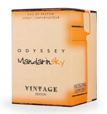 Odyssey Mandarin Sky Vintage Edition Eau de Parfum box, featuring a warm orange and beige gradient design with black and orange text.