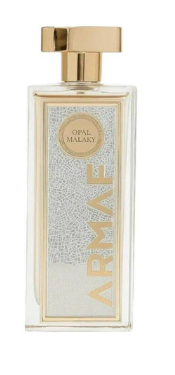 Armaf Opal Malavy perfume bottle with a gold cap and a textured silver and gold label, shown on a plain white background.