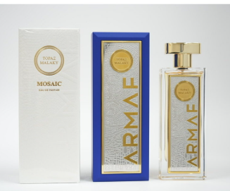 A perfume bottle with a gold cap stands next to its blue and white packaging boxes, all featuring the brand name ARMAE and a gold circular seal, on a light gray background.