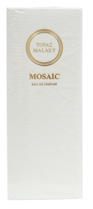Topaz Malaky Mosaic Eau de Parfum box packaging, featuring a white textured background with a gold circular logo and gold lettering.