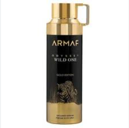 A cylindrical metallic gold and black spray bottle with a handle, labeled ARMAF WILD ONE, on a plain white background.