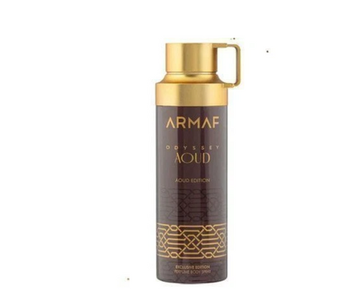 Armaf Odyssey Aoud Aoud Edition exclusive edition perfume spray bottle, featuring a dark brown body with gold geometric patterns and a gold cap, on a white background.