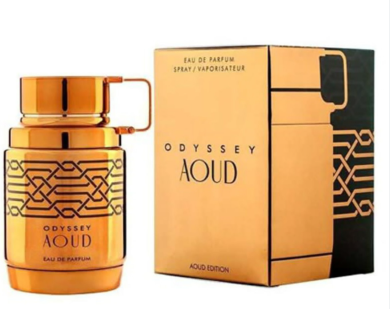 Odyssey Aoud Eau de Parfum bottle and packaging box, featuring a metallic gold and orange design with black geometric accents, set against a plain white background.