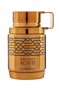 Odyssey Aoud Eau de Parfum bottle in a metallic gold finish with a geometric pattern on the front and a matching gold cap with a handle.