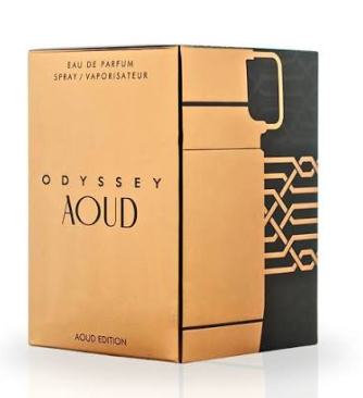 Odyssey Aoud Eau de Parfum box in a metallic gold color with black accents and circuit board patterns on the side, set against a plain white background.