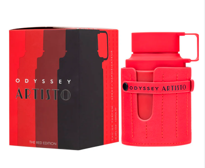 Odyssey Artisto The Red Edition fragrance bottle in a bright red silicone sleeve next to its red and black packaging box on a white background.