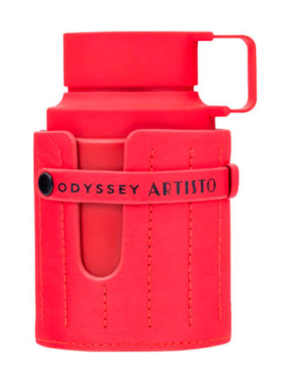 A bright red silicone water bottle with a matching red protective sleeve featuring a strap that reads 'ODYSSEY ARTISTO'.