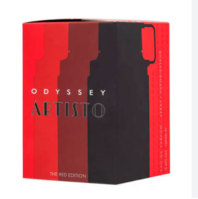 Odyssey Artisto The Red Edition perfume box, featuring a bold red and black color-blocked design with the product name in white and silver lettering.
