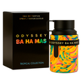 Odyssey Ba Ha Mas Eau de Parfum bottle next to its black packaging box, featuring a vibrant multicolor swirl pattern on the bottle with a black cap and collar.