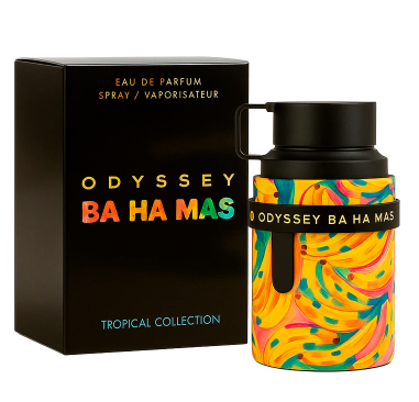 Odyssey Ba Ha Mas Eau de Parfum bottle next to its black packaging box, featuring a vibrant multicolor swirl pattern on the bottle with a black cap and collar.