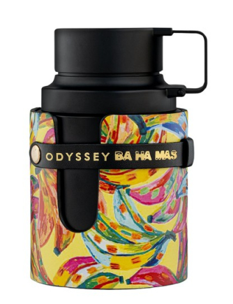 A black insulated water bottle with a colorful banana print sleeve. The sleeve features a yellow background with a vibrant, multicolored painting of bananas in pink, green, orange, and blue.