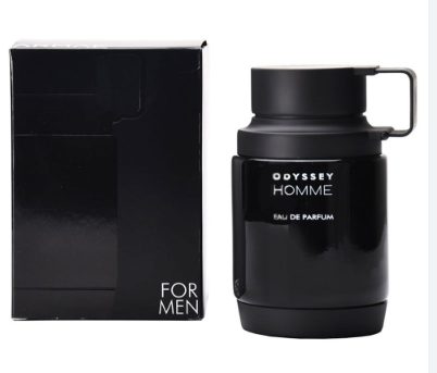 Odyssey Homme For Men Eau de Parfum bottle in black with a carrying loop, shown next to its black packaging box on a white background.