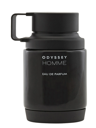 Odyssey Homme Eau de Parfum bottle in a matte black finish with a matching black cap and integrated handle, shown on a solid white background.