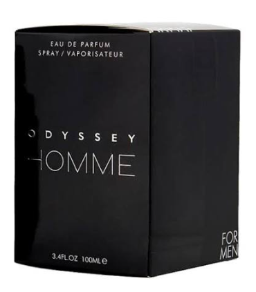 Odyssey Homme Eau de Parfum box in black packaging with white text, shown on a plain white background.
