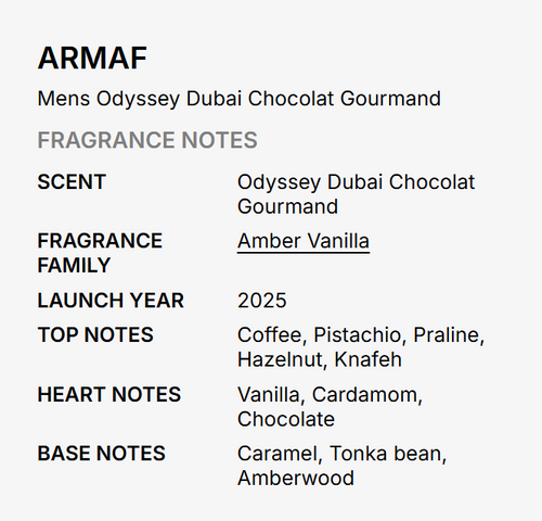 A text-based fragrance note card for ARMAF, Men's Odyssey Dubai Chocolat Gourmand, detailing scent, fragrance family, launch year, and top, heart, and base notes.