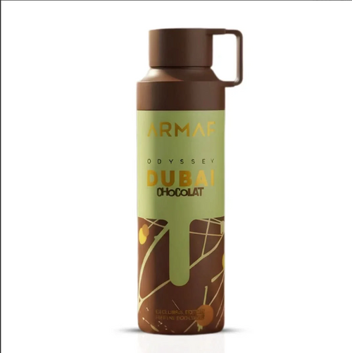 A cylindrical insulated bottle with a handle and cap, labeled 'ARMAF ODYSSEY DUBAI CHOCOLAT', featuring a light green label with gold lettering and a brown chocolate-splatter design near the bottom.