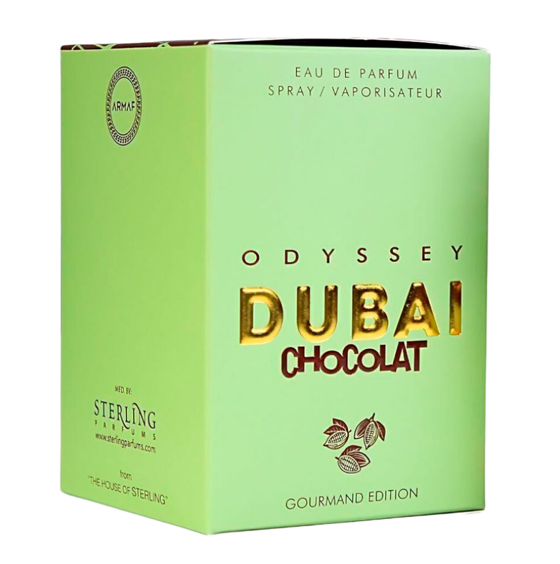 A light green rectangular box of Odyssey Dubai Chocolat Eau de Parfum by Sterling, featuring gold and dark red lettering on a clean white background.