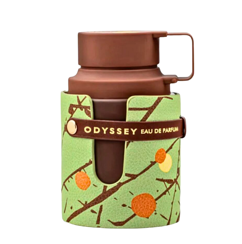 A brown insulated bottle with a matching brown cap and loop handle, wrapped in a light green sleeve printed with branches and orange fruits. The strap of the sleeve reads 'ODYSSEY EAU DE PARFUM'.