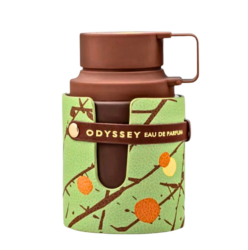 A brown insulated bottle with a matching brown cap and loop handle, wrapped in a light green sleeve printed with branches and orange fruits. The strap of the sleeve reads 'ODYSSEY EAU DE PARFUM'.