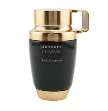 Odyssey Femme Eau de Parfum bottle with a glossy black body and metallic gold cap and handle, on a white background.
