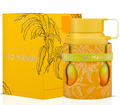 Odyssey Go Mango cologne bottle and its matching yellow packaging box, featuring a bright yellow cap, a yellow-and-orange patterned bottle sleeve with two mango illustrations, and white gothic-style text.